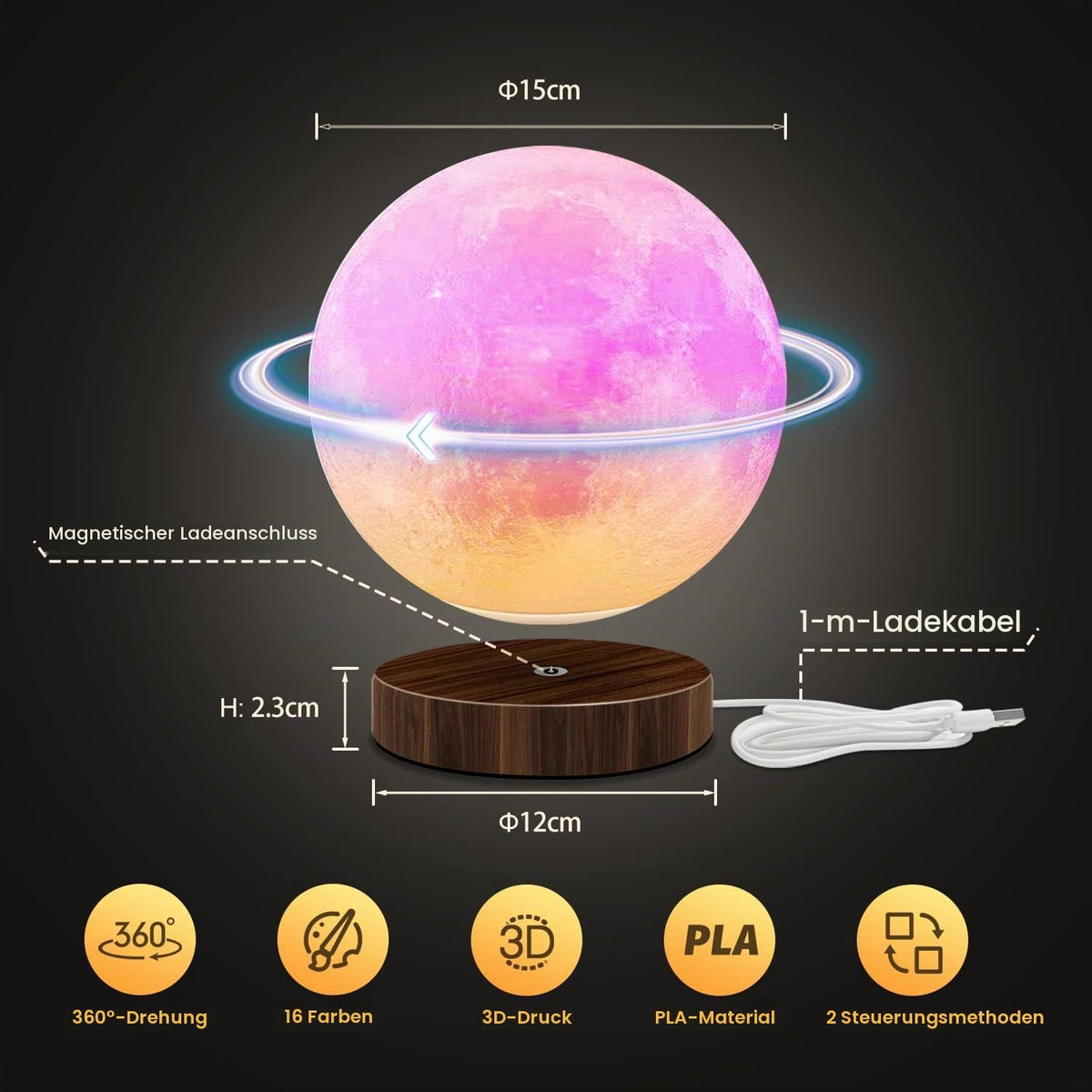 3D LED Nočna Lučka Luna 15 cm