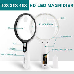 GABORISH Ročna povečevalna lupa z 37 LED lučkami - 10X/20X/45X povečava
