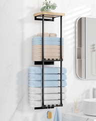 HAPIRM stenski nosilec za brisače z leseno polico in 6 kavlji