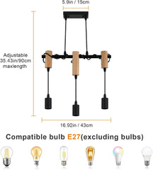 DAXGD nastavljiva viseča svetilka s tremi senčili v črni in leseni izvedbi