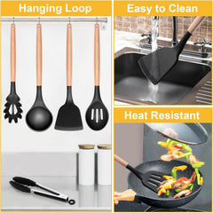 WILDONE 12-delni silikonski komplet kuhinjskih pripomočkov z lesenimi ročaji