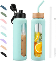 BLUEGO steklena steklenica s slamico in 2 pokrovoma 900ml