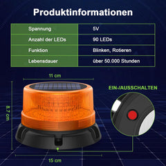 SOLAR ENERGY LED vrtljiva opozorilna luč z baterijo in USB polnjenjem