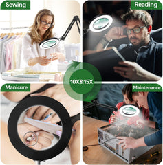 ZABOUL Povečevalno Steklo z Lučko, 10x in 15x povečava, s Sponko in Nastavljivo Roko