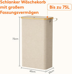 LIFEWIT zložljiv ozek koš za perilo s pokrovom in snemljivo notranjo vrečo – 75 L