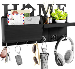 HAPIRM lesena stenska polica z 7 kavlji in dekorativnim napisom "HOME"