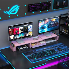 PYGOCERERI roza stojalo za dva monitorja s predalom