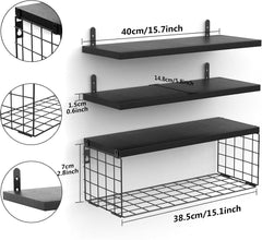 PIORLADO Črne stenske police iz borovega lesa s košem – komplet 3 kosov