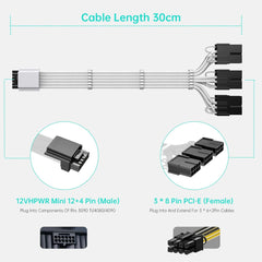 Podaljševalni napajalni kabel za grafično kartico, 16(12+4) pin na 3×8 pin, 30 cm, 600 W