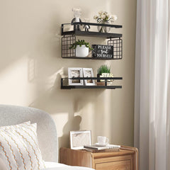 PIORLADO Črne stenske police iz borovega lesa s košem – komplet 2 kosa