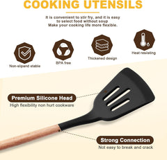 WILDONE 12-delni silikonski komplet kuhinjskih pripomočkov z lesenimi ročaji