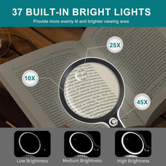 GABORISH Ročna povečevalna lupa z 37 LED lučkami - 10X/20X/45X povečava