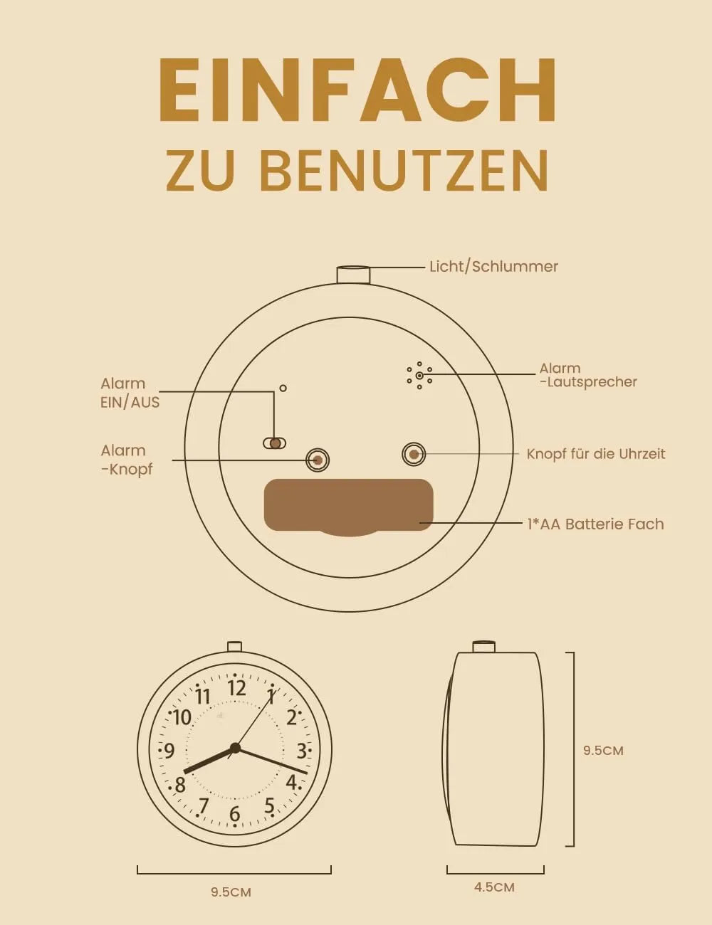aboveClock Analogni Leseni Budilnik 11 x 5 cm