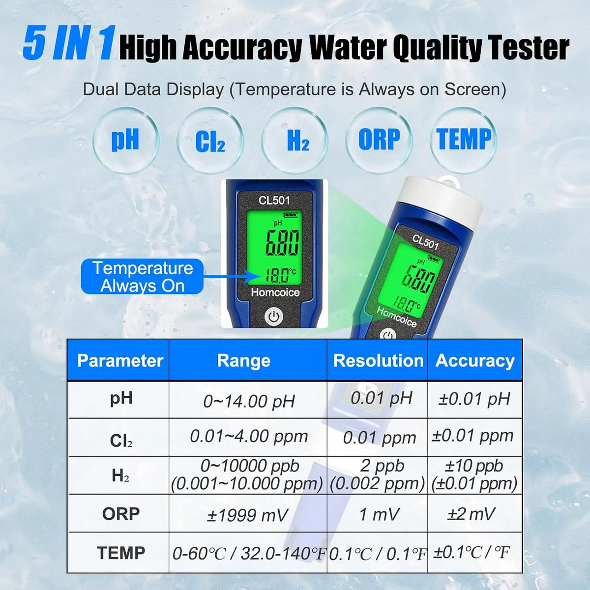 Digitalni Merilnik Kakovosti Vode 5v1, pH Klor ORP H2 Temperatura, 1 Kos