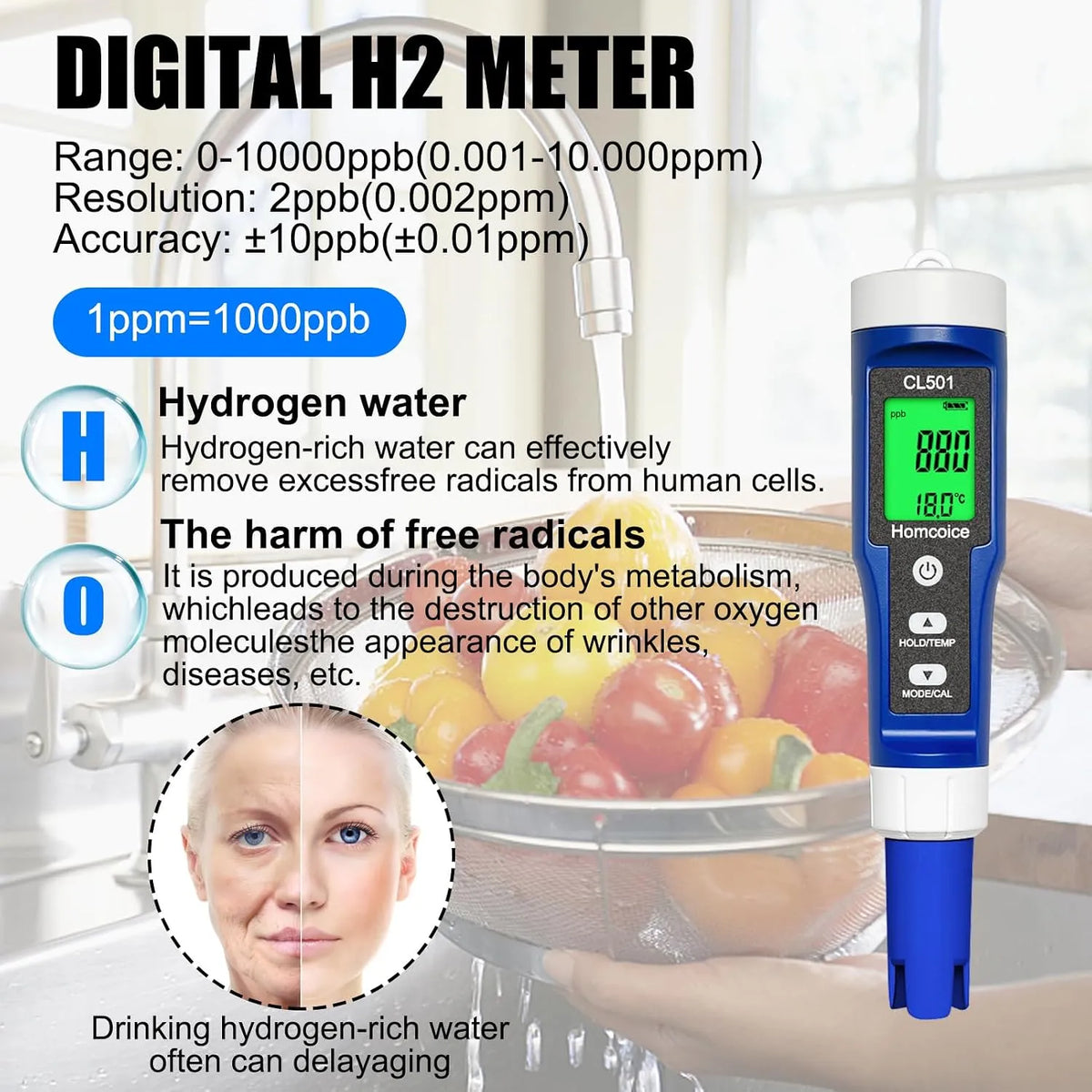 Digitalni Merilnik Kakovosti Vode 5v1, pH Klor ORP H2 Temperatura, 1 Kos