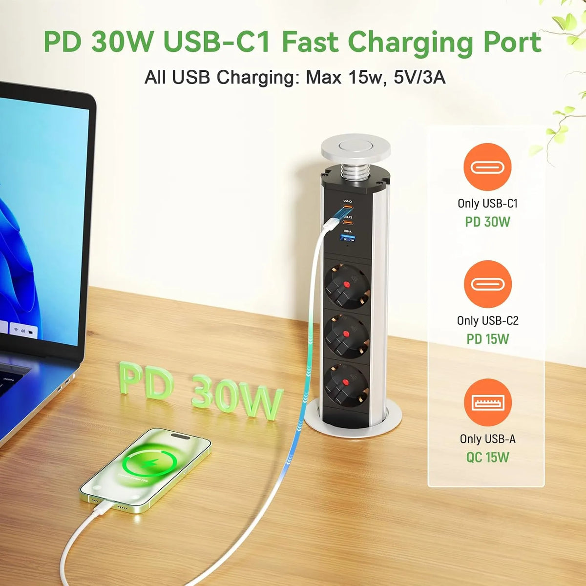Izvlečna Vgradna Vtičnica z USB Priključki 1.8 m