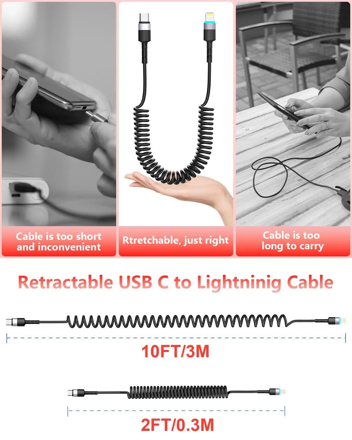 MTAKYI Spiralni Polnilni Kabel USB-C v Lightning 3 m 1 Kos