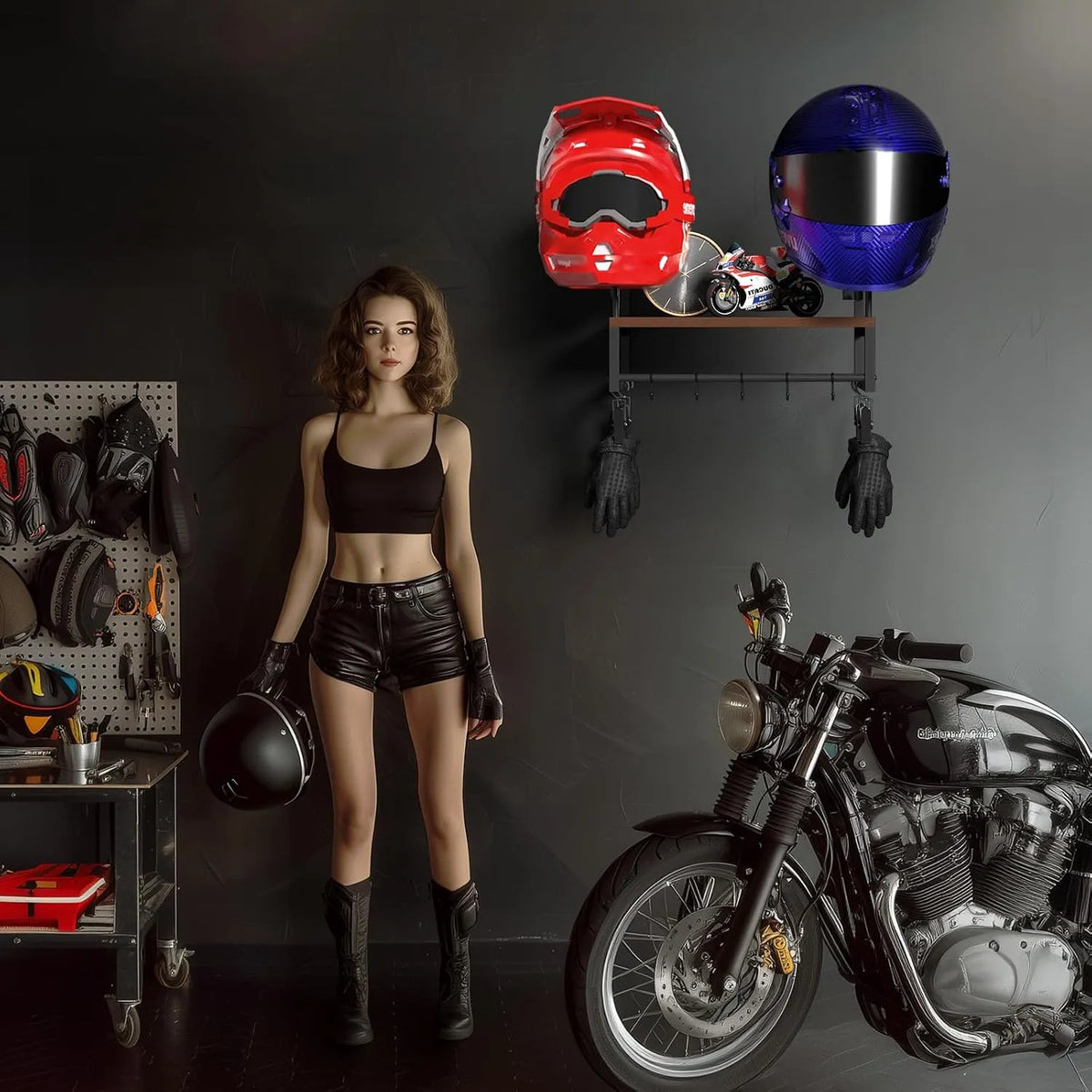 Stensko Držalo za Motoristične Čelade z Leseno Polico 41x26x20.4 cm