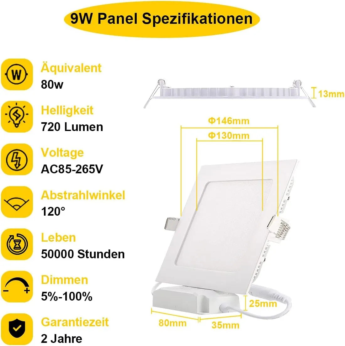 Vgradna Kvadratna LED Panelna Svetilka 9W 12,5x12,5 cm 5 Kosov