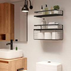 PIORLADO Črne stenske police iz borovega lesa s košem – komplet 2 kosa