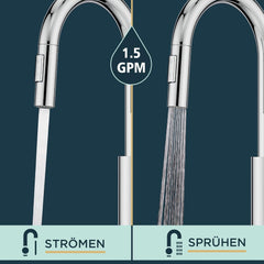 FORIOUS kuhinjska armatura z visokim lokom in izvlečno prho – polirani krom