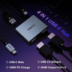 KOZYC 4v1 USB-C razdelilec, 2x HDMI 4K 30Hz