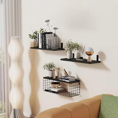 PIORLADO Črne stenske police iz borovega lesa s košem – komplet 3 kosov