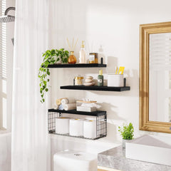 PIORLADO Črne stenske police iz borovega lesa s košem – komplet 3 kosov