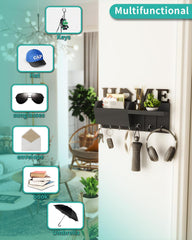 HAPIRM lesena stenska polica z 7 kavlji in dekorativnim napisom "HOME"