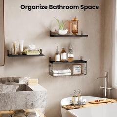 PIORLADO Črne stenske police iz borovega lesa s košem – komplet 3 kosov