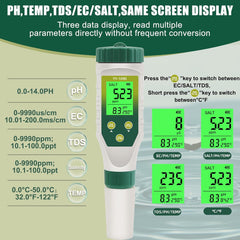 HOMCOICE 5-v-1 merilnik kakovosti vode – pH, EC, TDS, slanost in temperatura