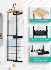 HAPIRM stenski nosilec za brisače z leseno polico in 6 kavlji