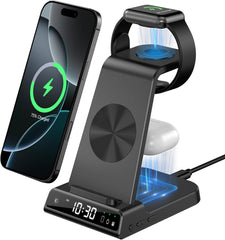 DOEBOE Indukcijska polnilna postaja 3-v-1 za iPhone, Apple Watch in AirPods z digitalno uro