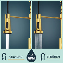 FORIOUS kuhinjska armatura z izvlečno prho - brušeno zlata