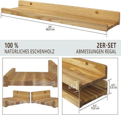 WOOD WEDGE Ročno izdelan set 2 lebdečih polic iz masivnega lesa jesena, 60 cm