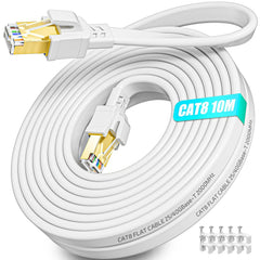 SOIBKE Cat 8 Ethernet ploščati kabel z 10 pritrdilnimi sponkami – 10 m, 40 Gbps / 2000 MHz
