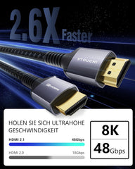 STOUCHI 2 m HDMI 2.1 kabel - ultra hitri 48 Gbps kabel za 8K/10K, 4K 120/144 Hz
