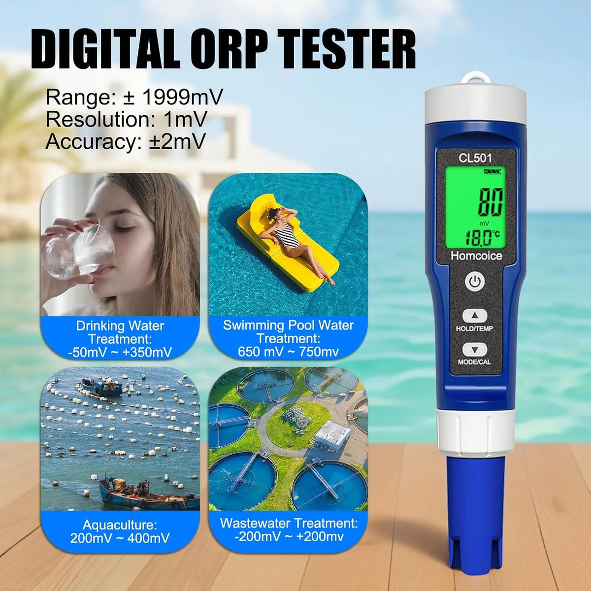Digitalni Merilnik Kakovosti Vode 5v1, pH Klor ORP H2 Temperatura, 1 Kos