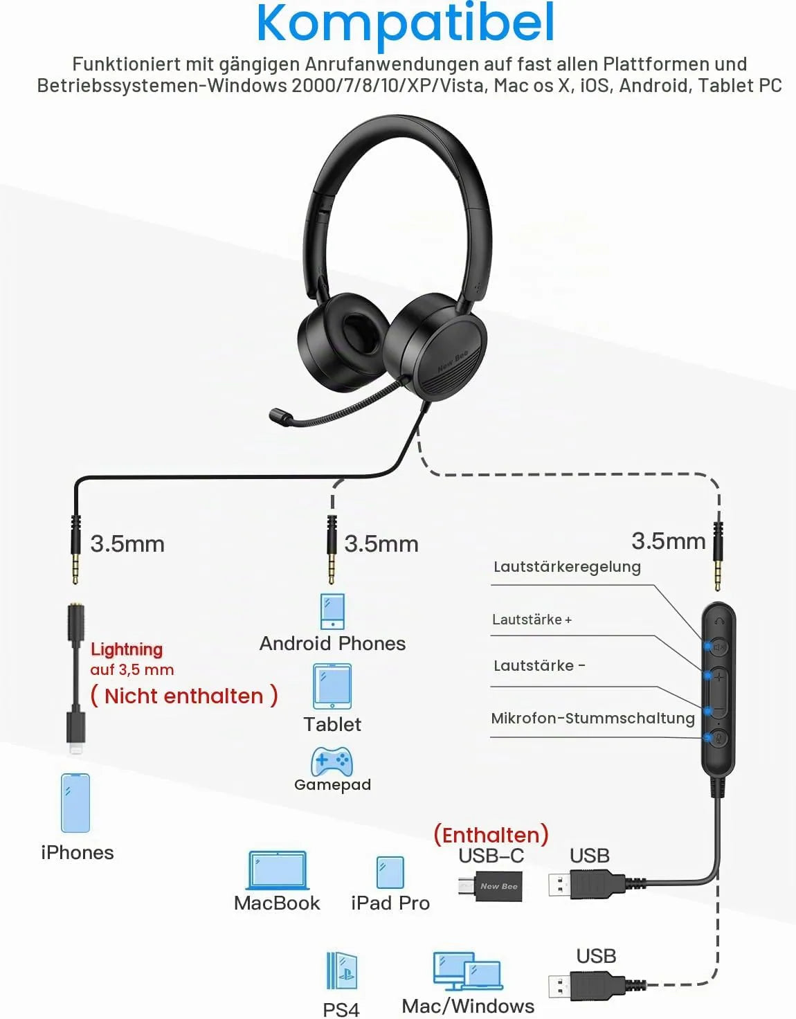 Naglavne Slušalke z Mikrofonom USB 3,5 mm