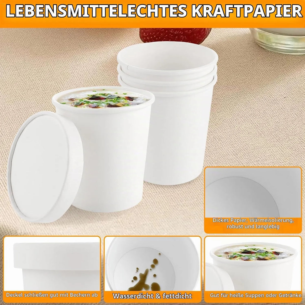 Papirnate Posodice za Juho s Pokrovi 460 ml 50 Kosov
