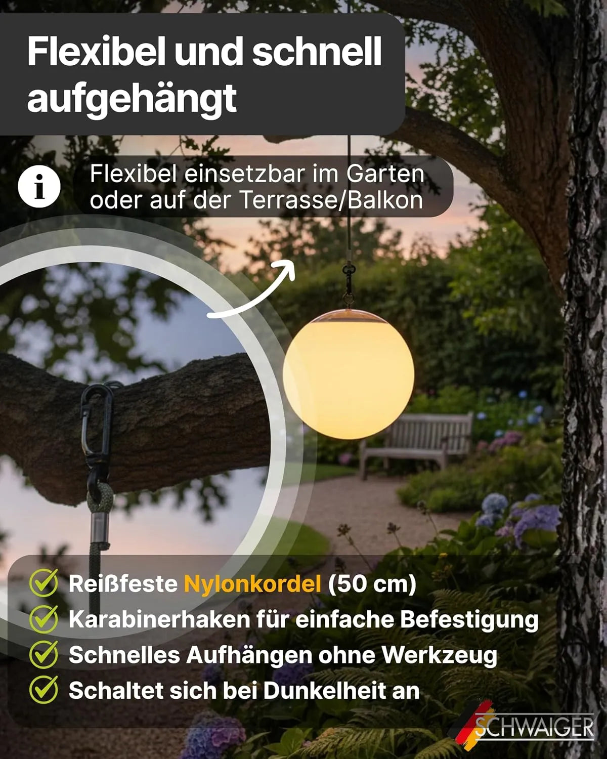 SCHWAIGER Viseča Solarna LED Svetilka 20 x 20 x 18 cm