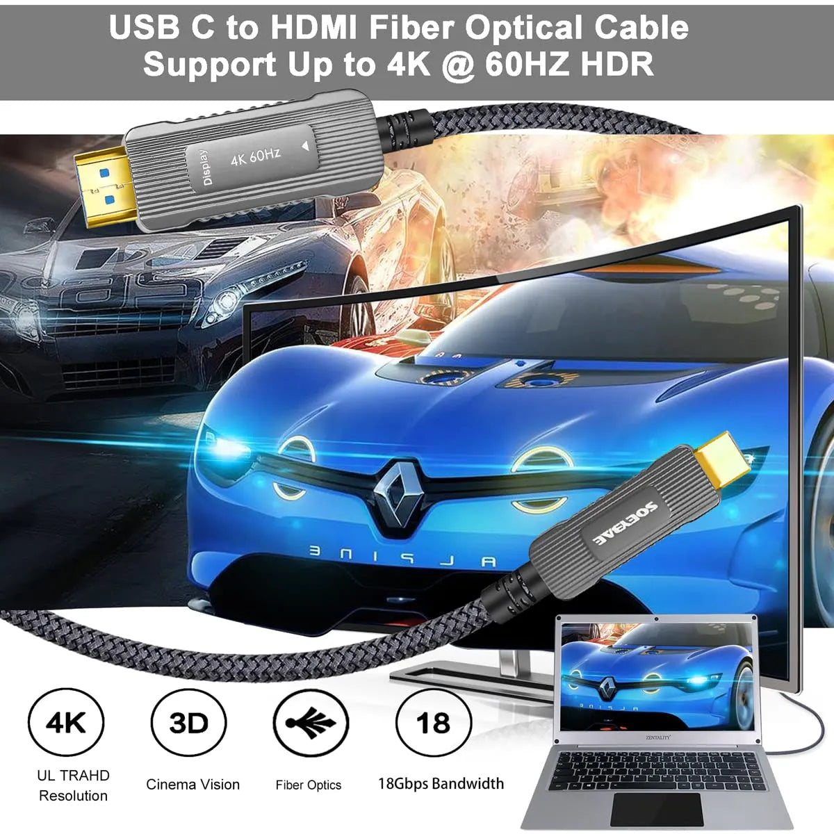 SOEYBAE Optični Kabel USB-C Na HDMI 15 m