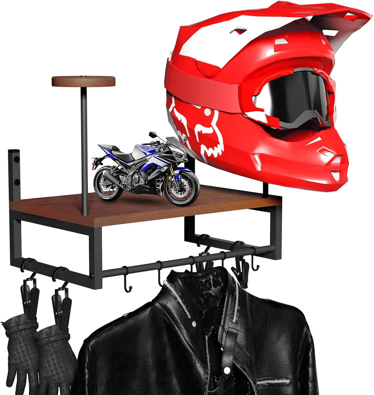Stensko Držalo za Motoristične Čelade z Leseno Polico 41x26x20.4 cm