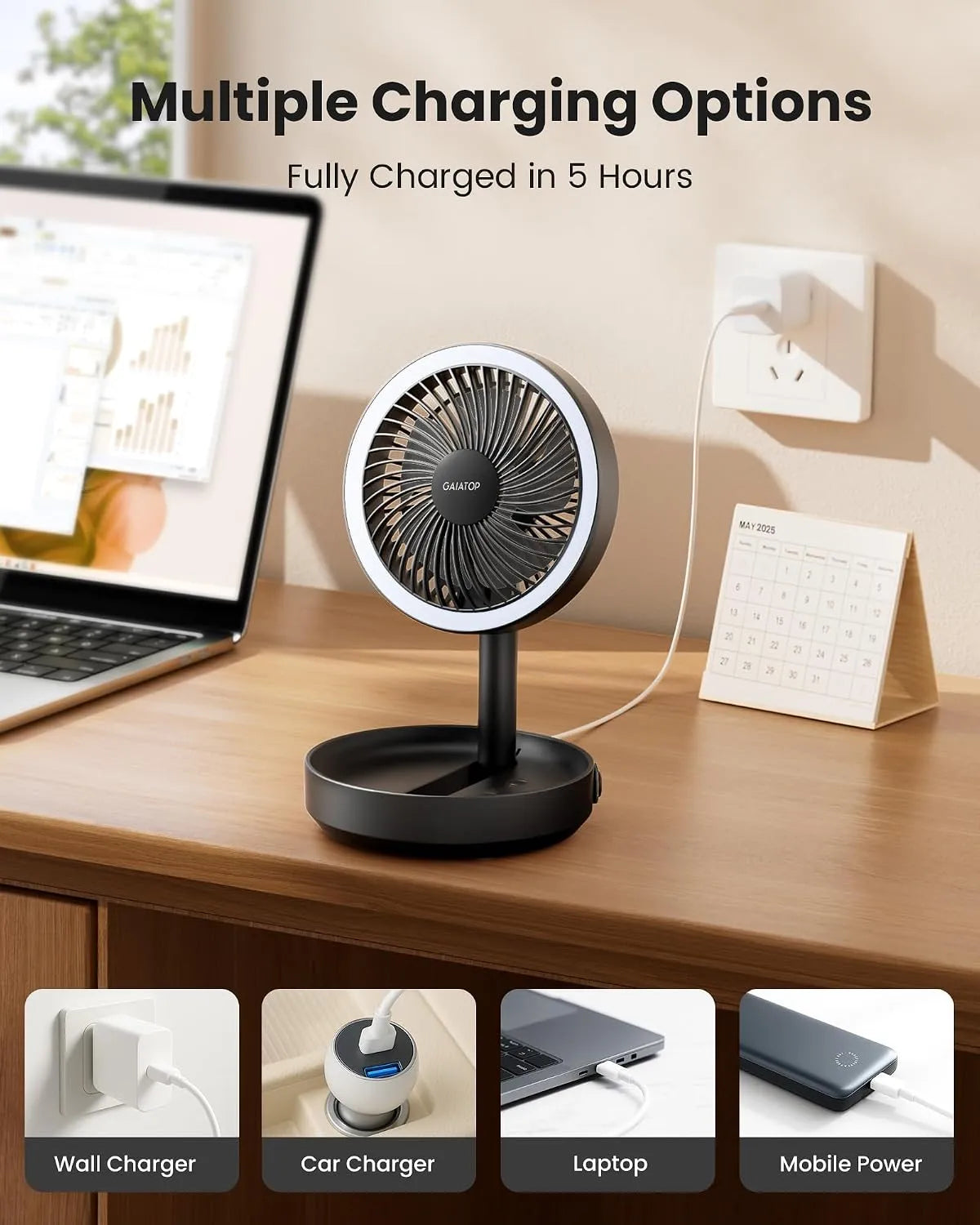 Zložljiv Namizni Ventilator z Nočno Lučko 17.2 cm